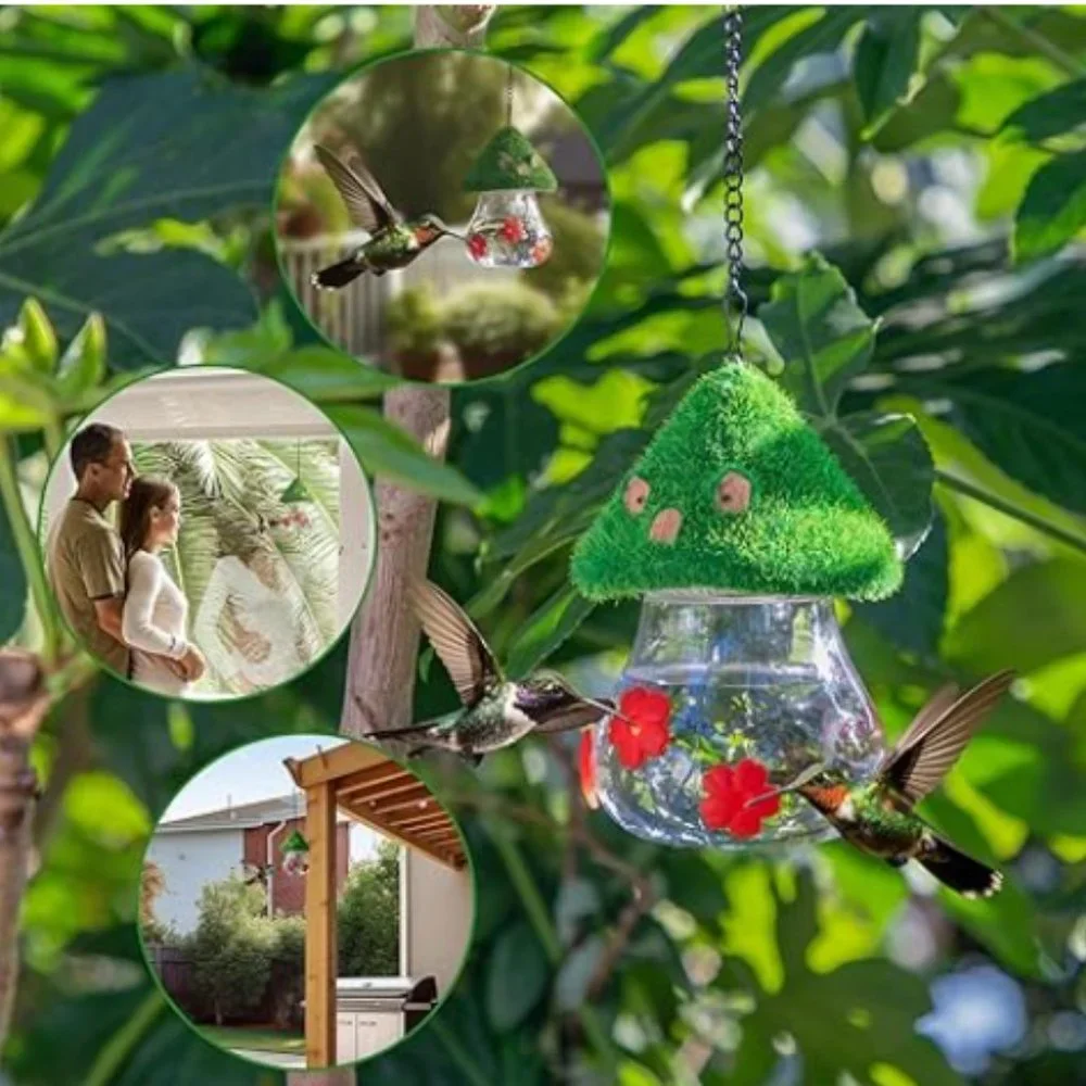 Hummingbird Feeder w/ Green Thatched Roof Style + 3 Red Petal Spouts